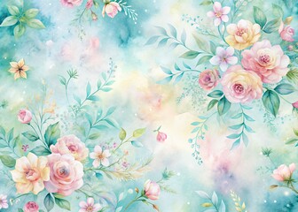 Delicate, hand-painted batik design blends with soft watercolor hues, creating a dreamy, ethereal background ideal for adding a touch of whimsy to graphic designs.