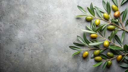 Fresh olives and leaves branch out on a neutral grey background, symbolizing healthy olive oil, with ample copy space for product or logo placement, perfect for banners.