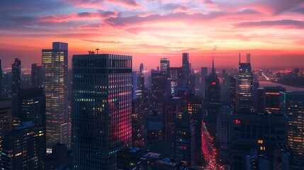 Fototapeta premium Urban Landscapes A bustling city skyline at dusk with sunset 