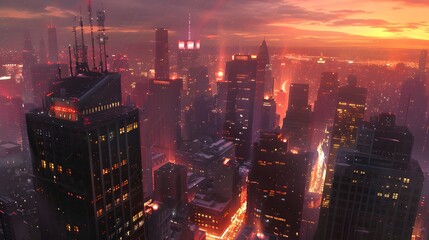 Fototapeta premium Urban Landscapes A bustling city skyline at dusk with sunset 