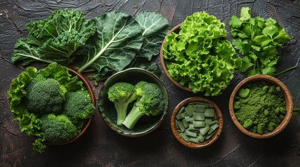 Green Vegetables and Spirulina Supplements on a Dark Background