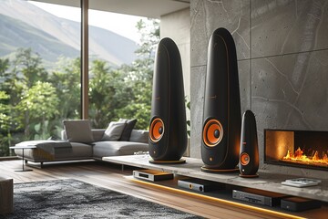 Three sleek, modern tower speakers with orange accents sit on a marble shelf in a modern home with large windows and a fireplace