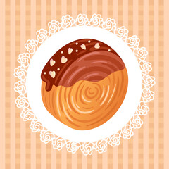 Cromboloni with cream topping. Coin, round croissant with filling, covered with icing. Croissant roll, round san on a lacy napkin on a checkered background. For menu, pastry shop, postcard, poster.