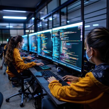 Students coding with AI-driven software in a tech workshop, Human and Technology Synergy, learning