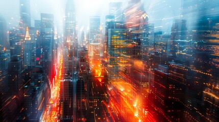 Naklejka premium Blurred abstract cityscape with skyscrapers and lights, providing a dynamic and urban background 