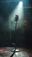 Vintage microphone on a stand under a spotlight in a dimly lit stage setting, evoking a nostalgic atmosphere for performances.
