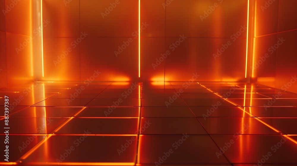 Poster empty dance floor in orange lighting with reflecting ground : generative ai