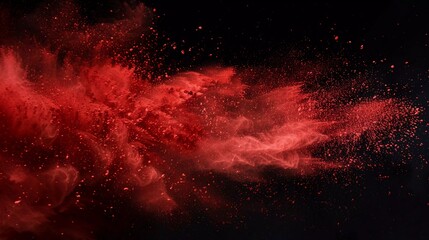 red powder explosion isolated on black background. red dust particles splashed. Holi Festival. Color burst series. Bright contrast. Celebration and creativity concept background texture which is very 