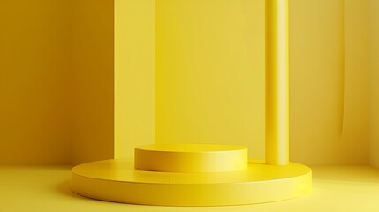 Obraz premium Minimalistic yellow abstract geometric composition with podium and pillar, perfect for product display, backgrounds, or modern art concepts.