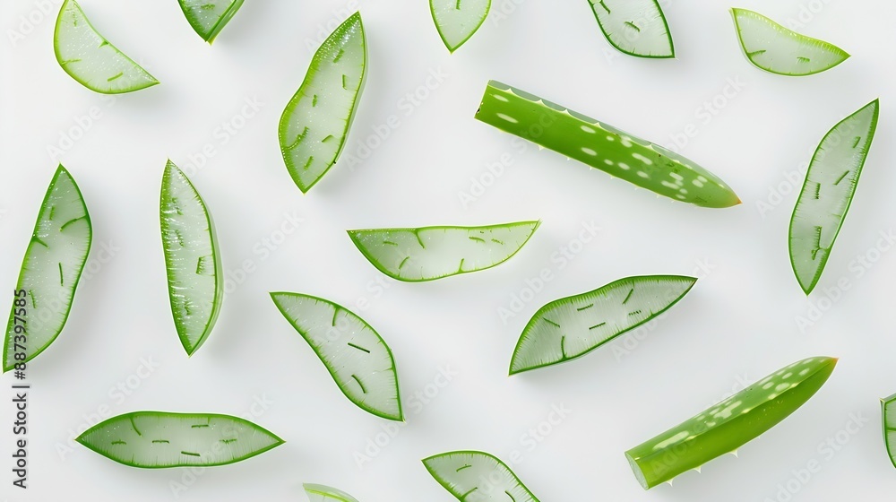 Poster Flat lay Top view of Aloe vera sliced isolated on white background : Generative AI