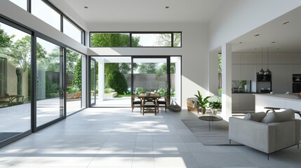 A modern home with an open plan living area and kitchen, featuring large windows that allow natural light to flood the space