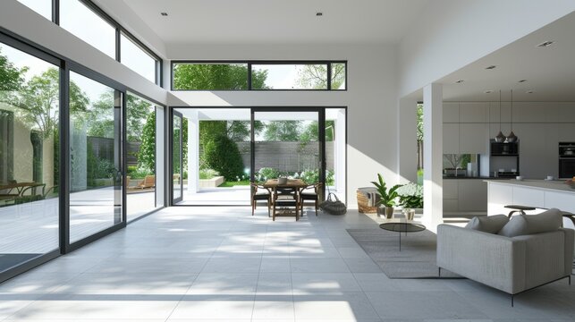 A modern home with an open plan living area and kitchen, featuring large windows that allow natural light to flood the space