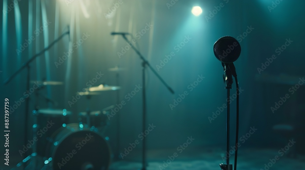 Poster closeup of an isolated microphone stand against the background of a small concert venue show program