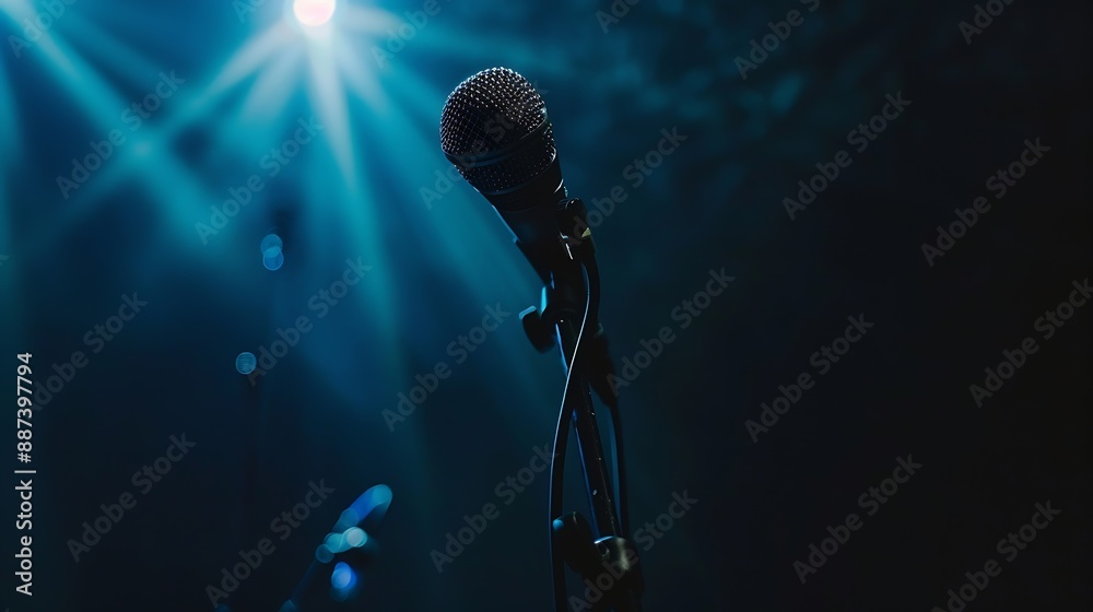 Aufkleber Professional microphone on black background with bokeh lights in rays of bluered light closeup Web banner with copy space for design : Generative AI