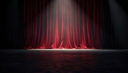 Grand theater stage featuring a luxurious red curtain, spotlighted in anticipation of a performance, perfect for promoting drama productions and entertainment venues