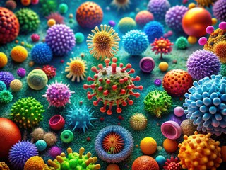 Fototapeta premium Colorful microscopic illustration of assorted viruses, cells, and microorganisms, showcasing varied shapes, sizes, and structures in a vibrant, abstract, biological landscape.
