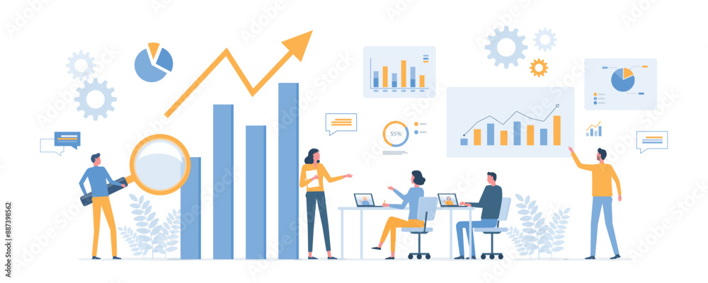 Poster group business team meeting and working collaboration in office workplace concept. flat vector illus