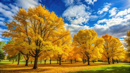 Fototapeta premium Vibrant yellow deciduous trees stand tall in a serene fall park, set against a brilliant blue sky with a few wispy white clouds on a sunny day.