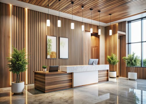 Modern hotel lobby interior featuring white and wood tone walls, sleek tiled floor, wooden reception counter, and vertical mock-up posters creating a luxurious ambiance.