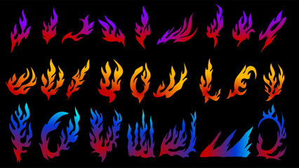 Vector illustration of shapes of fire flame with gradients color, set of abstract fire 