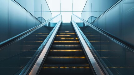 Modern escalator in a sleek, welllit shopping mall, perfect for showcasing urban architecture, retail environments, and contemporary design
