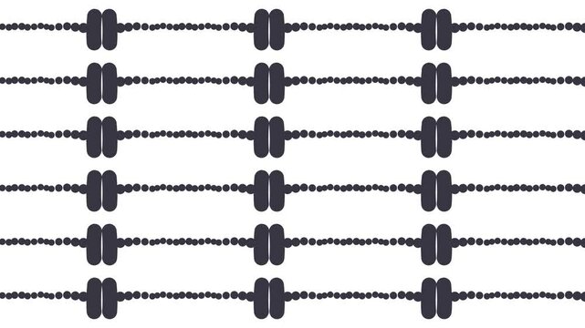 Imitation of sports dumbbells moving in rows. Simulation of the flow of different molecules or atoms.