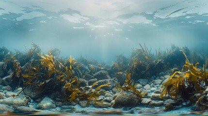 Obraz premium Rocky reef covered with kelp reaching to surface