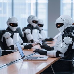 Lawyers consulting AI for case analysis in a modern law office, Human and Technology Synergy, legal