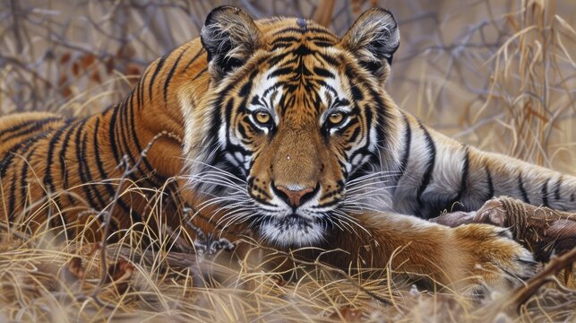 A female tiger with her barasingha kill