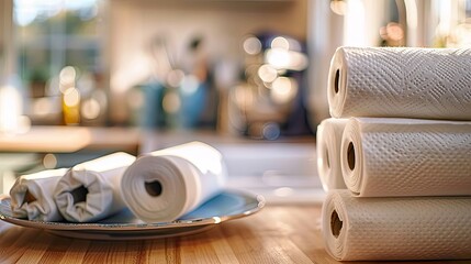 Rolls of paper towels with dishes on table in kitchen closeup