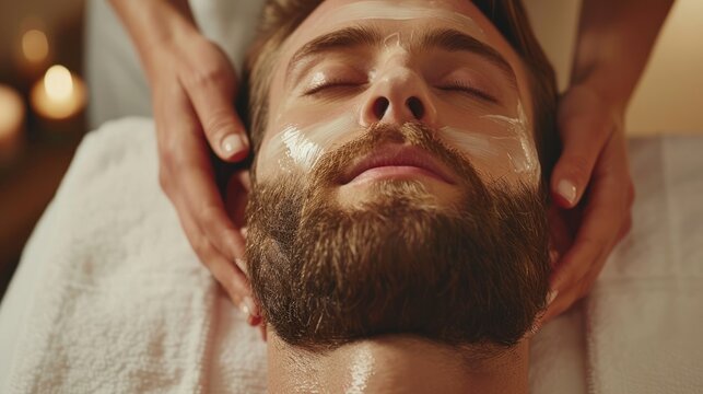 Massage therapist doing facial massage for man in spa salon Handsome bearded man getting skin care treatment from esthetician Modeling active facial massage with study of mimic muscles