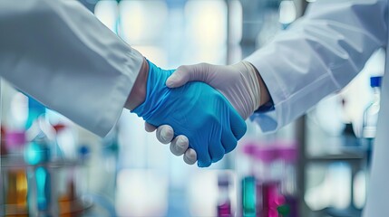 Science handshake and agreement in laboratory for success deal or gratitude Teamwork medical research and scientist shaking hands in gloves for partnership collaboration or welcome for doctors