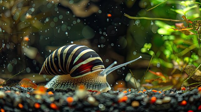 Thorny Horned Zebra Nerite snail Clithon sp eating algae and cleaning glass of dirty aquarium with seed shrimp