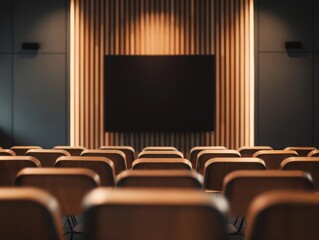 Fototapeta premium Seminar room filled with organized attendee seats, facing a presentation screen, ideal for highlighting conference setups, training sessions, and business gatherings
