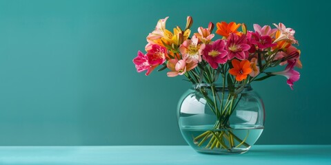 Colorful freesias in a decorative glass bowl, against a solid teal background