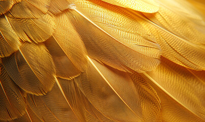 The texture of golden bird feathers, in close-up macro photography, against a warm color background, in high definition photography.
