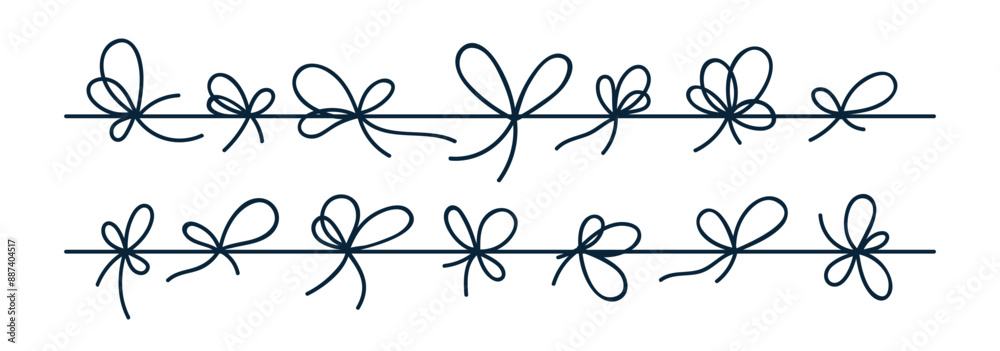 Poster bow knots set. cord, string tied. rope, twine, thin thread with loops row, line. decorative shapes f