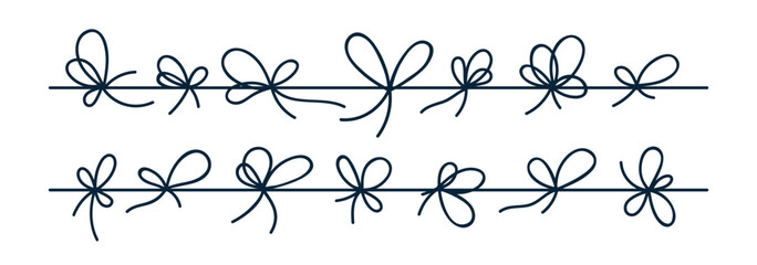 Bow knots set. Cord, string tied. Rope, twine, thin thread with loops row, line. Decorative shapes from horizontal lace, drawing. Hand-drawn graphic vector illustrations isolated on white background