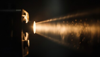 Vintage movie projector casting a strong light beam in a dark room, ideal for showcasing the classic movie experience and the art of film projection