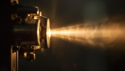 Vintage movie projector casting a strong light beam in a dark room, ideal for showcasing the classic movie experience and the art of film projection