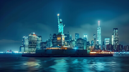Naklejka premium Aerial View of the Illuminated Statue of Liberty. Iconic Travel Destination and Tourist Attraction with Manhattan and Brooklyn Office Buildings All Lit Up at Night. Nightlife in New York City
