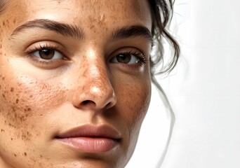 Obraz premium Close-up face of attractive young woman with melasma (hyperpigmentation often caused by hormonal changes) and dark spots ( flat skin spots caused by exposure to the sun)