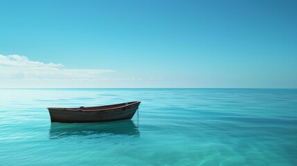 Fototapeta premium Beautiful sea scene with a single boat against the blue sky. The calm waters and wide sky create a tranquil and picturesque landscape. A single boat adds focus and a sense of scale to the composition