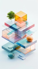 Abstract Futuristic 3D Render Minimalistic Style with Floating Geometric Shapes Isometric Design, Light Color Theme, Bright Background, and Soft Lighting