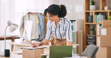 Online, order and package checklist with laptop, small business and woman with shipping box. Sale, ecommerce and startup with fashion shop website with tech and delivery info inspection for courier