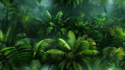 Fototapeta premium A lush, green jungle with thick foliage and a hazy atmosphere. The dense vegetation creates a mysterious and immersive scene.
