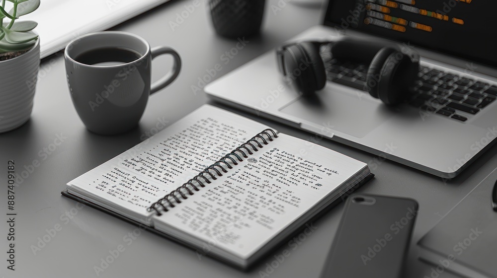 Poster Workstation Setup with Notebook, Coffee, Laptop and Headphones