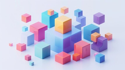 Obraz premium Abstract Futuristic 3D Render Minimalistic Style with Floating Geometric Shapes Isometric Design, Light Color Theme, Bright Background, and Soft Lighting