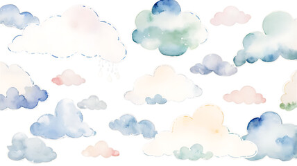 seamlesss pattern with cartoon clouds watercolor hand drawn illustration