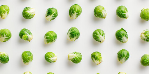 A background of Brussels sprouts, each with its shadow, scattered across the canvas in an elegant display, with soft shadows on a white background